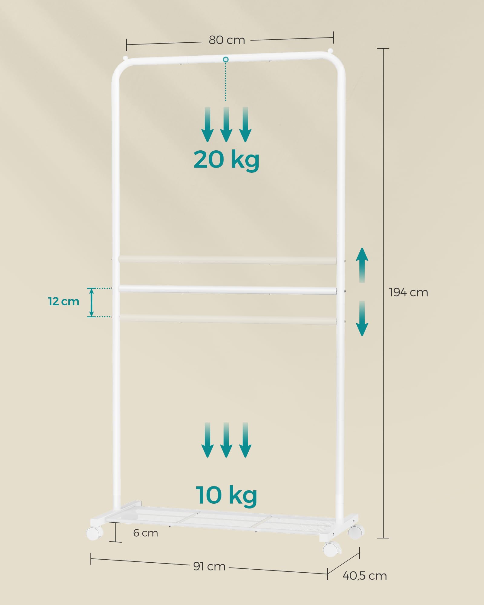 SONGMICS Perchero Burro, Burro de Ropa con 2 Barras, Marco de Metal, Barra Colgante de 91 cm de Ancho, con Estante, 2 Ruedas Bloqueables, Cada Barra Soporta hasta 20 kg, Blanco HSR027W01
