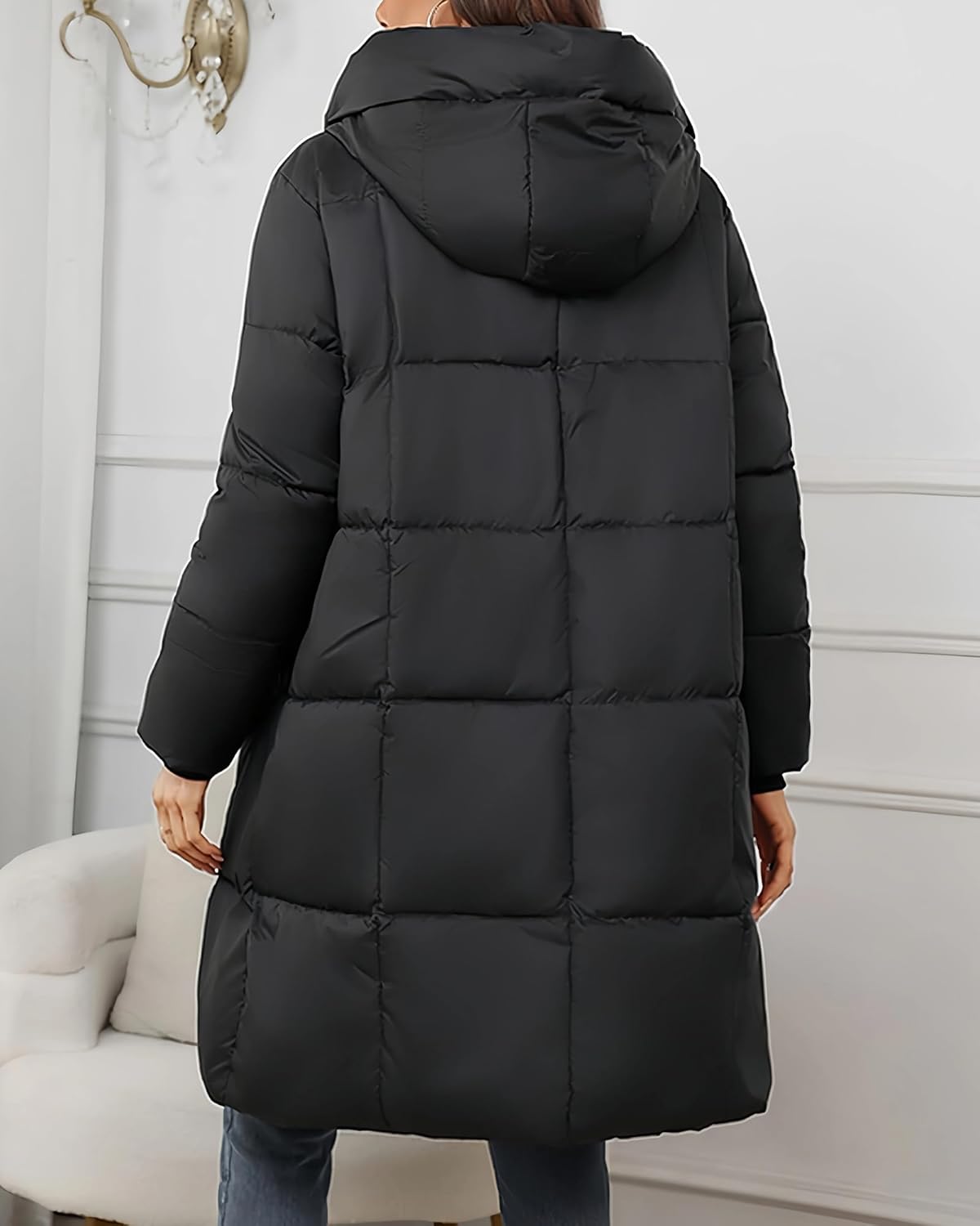 Women's Hooded Long Puffer Coat Winter Warm Full Zip Lightweight Quilted Jacket with Pockets - Image 6