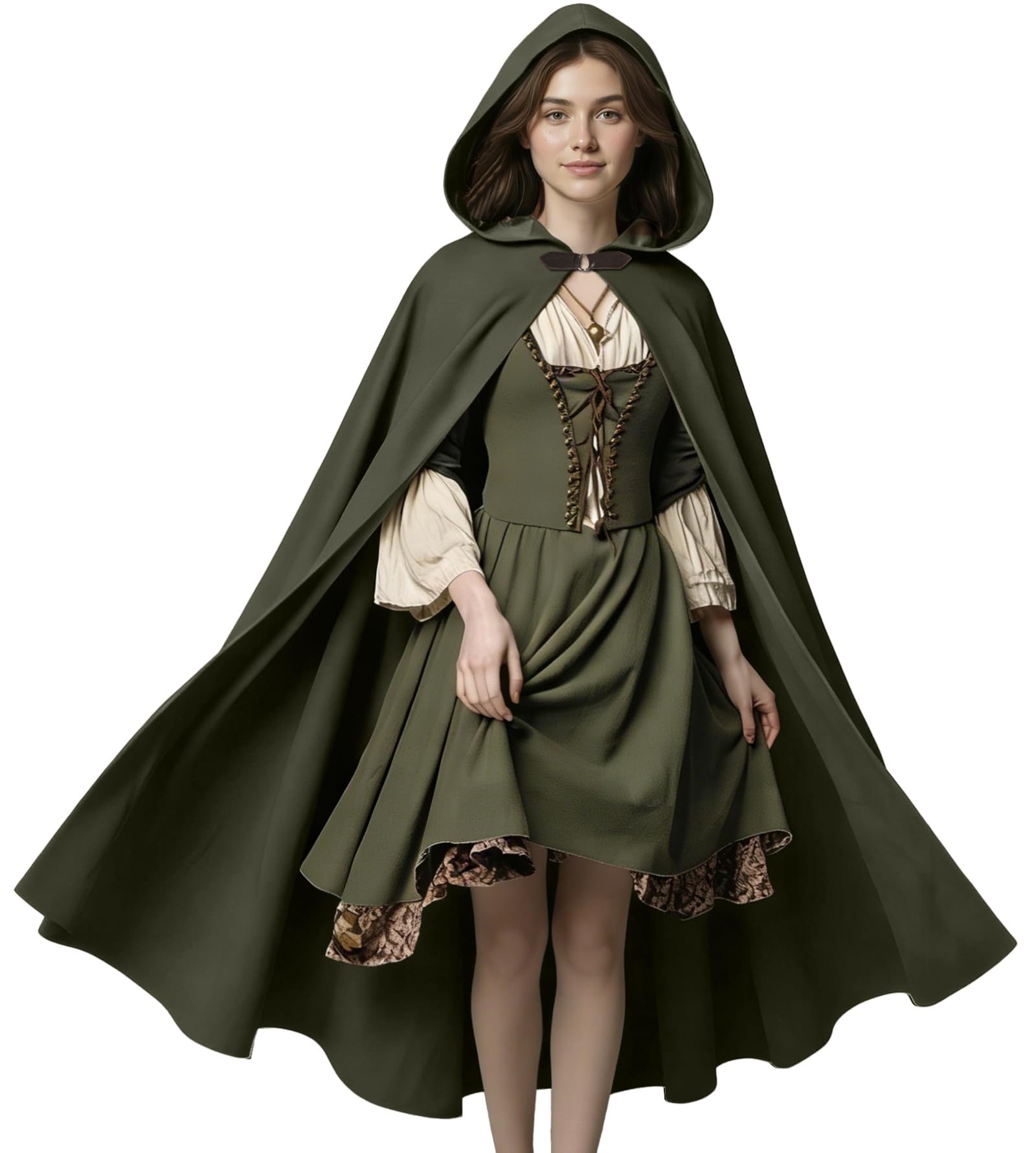 FSUJWOA Renaissance Hooded Cape Medieval Costumes with Hood Cloak Halloween Costume (Green, Style-2)
