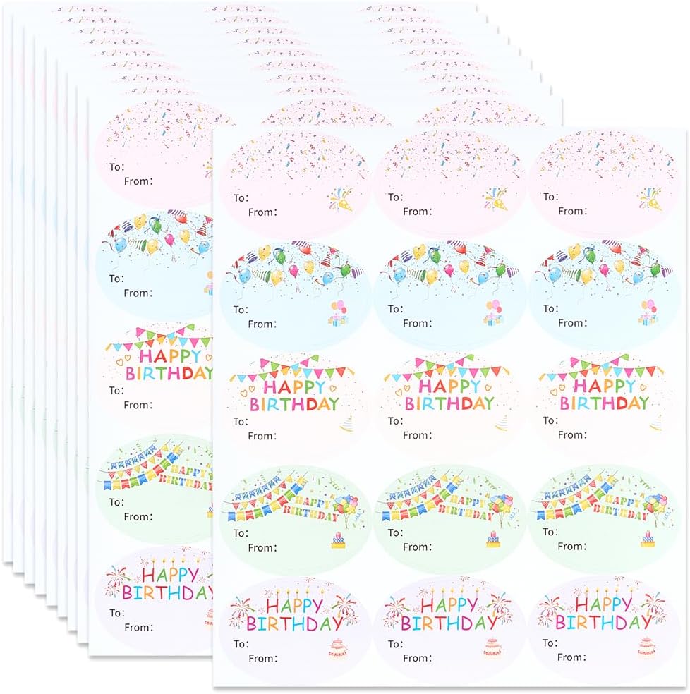 10 Sheets 150Pcs Happy Birthday Name Stickers Gift Tag Stickers to from Oval 1.97 x 1.38 Inch Colorful Present Self Adhesive Paper Labels for Birthday Party Favors Presents Gifts DIY Decor