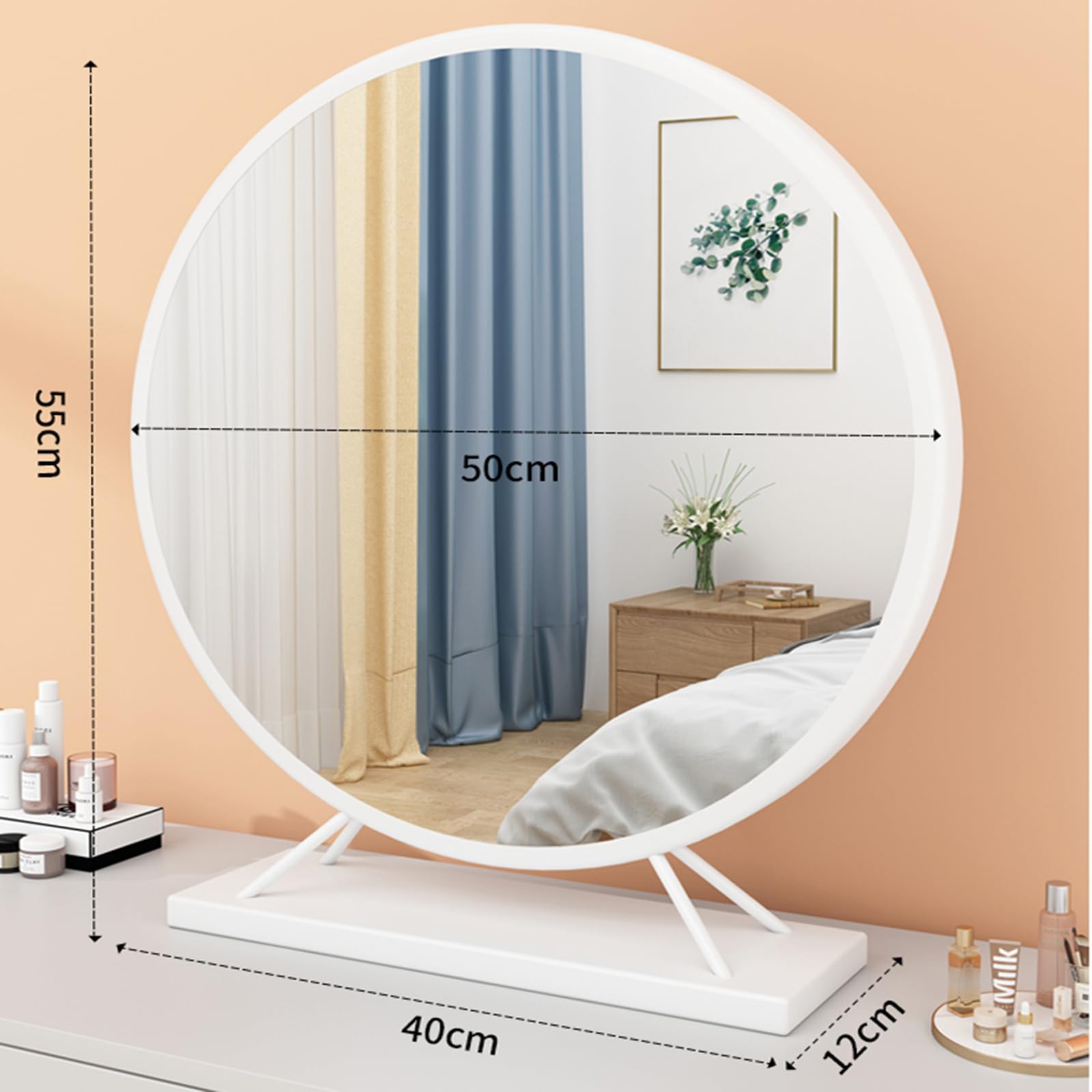 Espejo redondo Vani de tocador blanco de 50 cm, elegante espejo de pared para baño y dormitorio, ideal para maquillaje y aseo, elegante decoración moderna del hogar