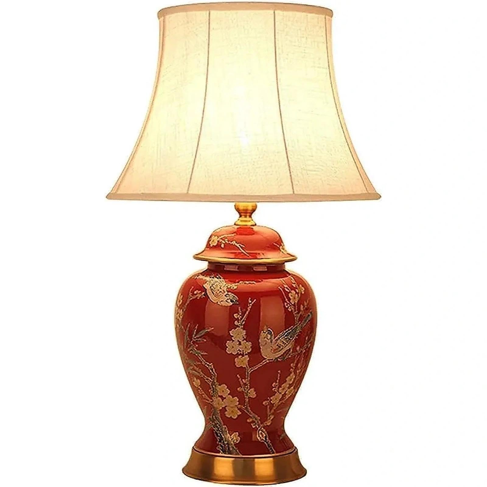 22" Vintage Ceramic Chinoiserie Table Lamp with Floral Birds Design, Classic Bedside Nightstand Lamp with Linen Shade for Bedroom, Living Room, Office