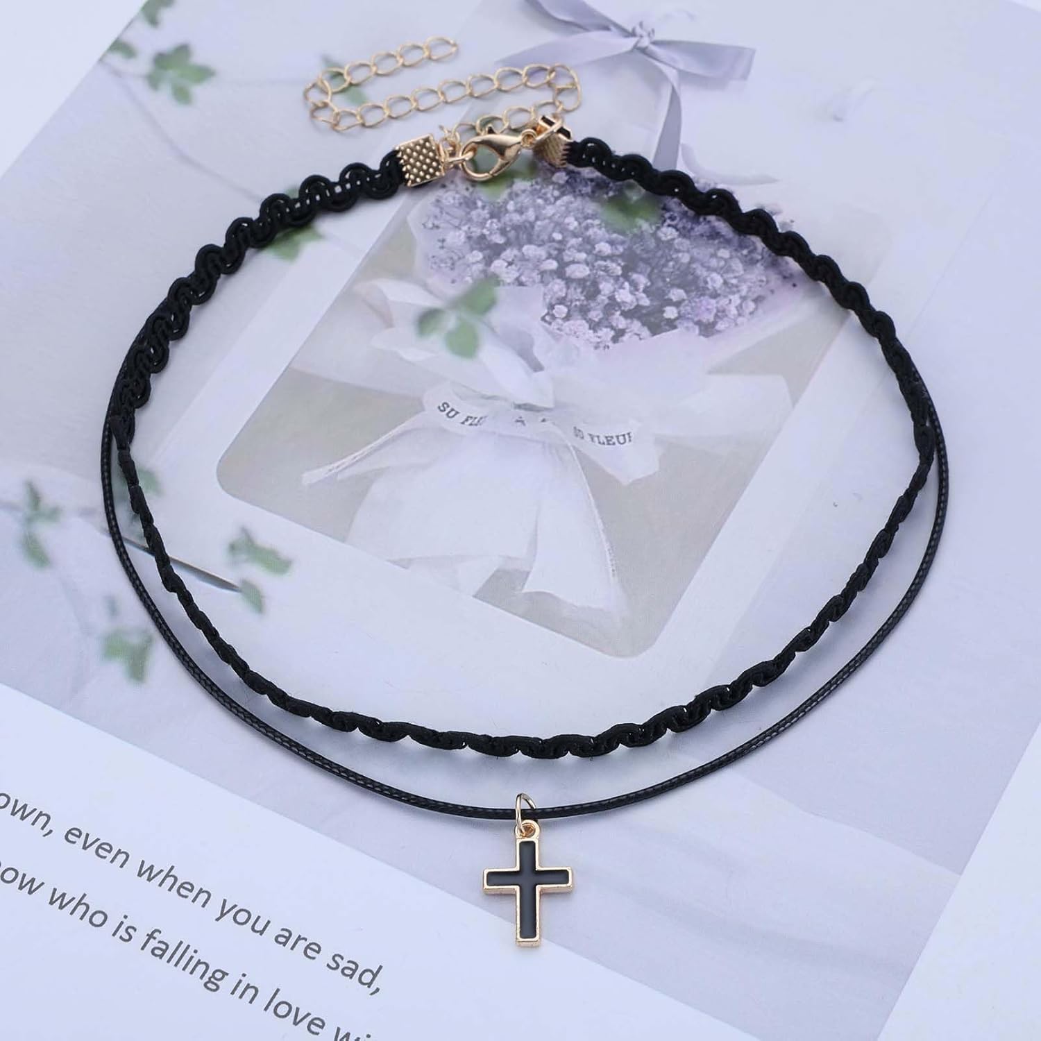 Boho Layered Cross Choker Necklace Cross Crucifix Necklaces Black Leather Collar Necklaces Wavy Lace Choker Crucifix Leather Necklace Jewelry for Women - Image 3