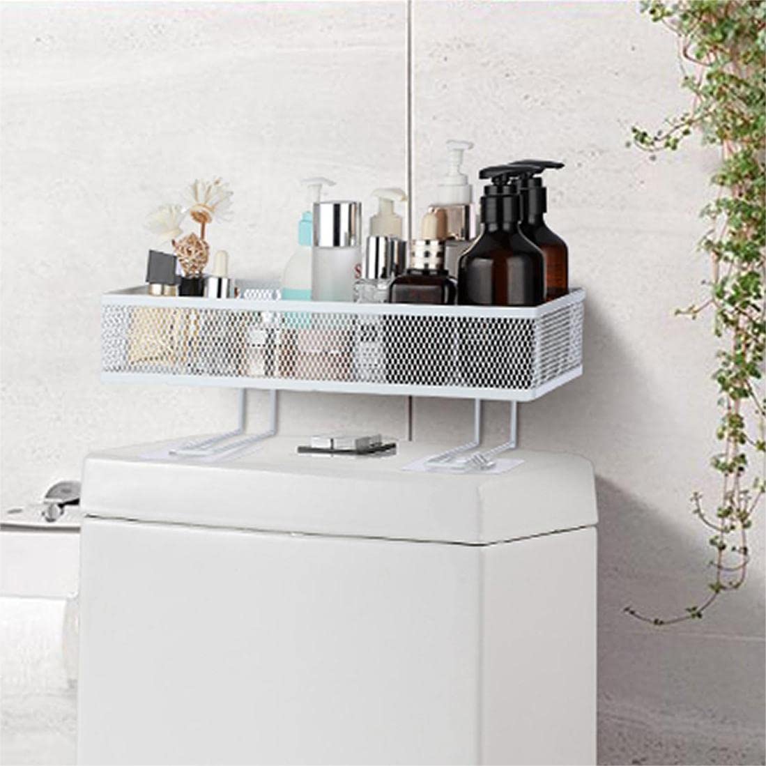 BSTKEY Metal Mesh Bathroom Over The Toilet Storage Shelf, Bathroom Storage Rack Toilet Tank Shelf Organizer with 2 Adhesive Hooks, Restroom Organizers Toilet Storage No Drilling Space Saver, White
