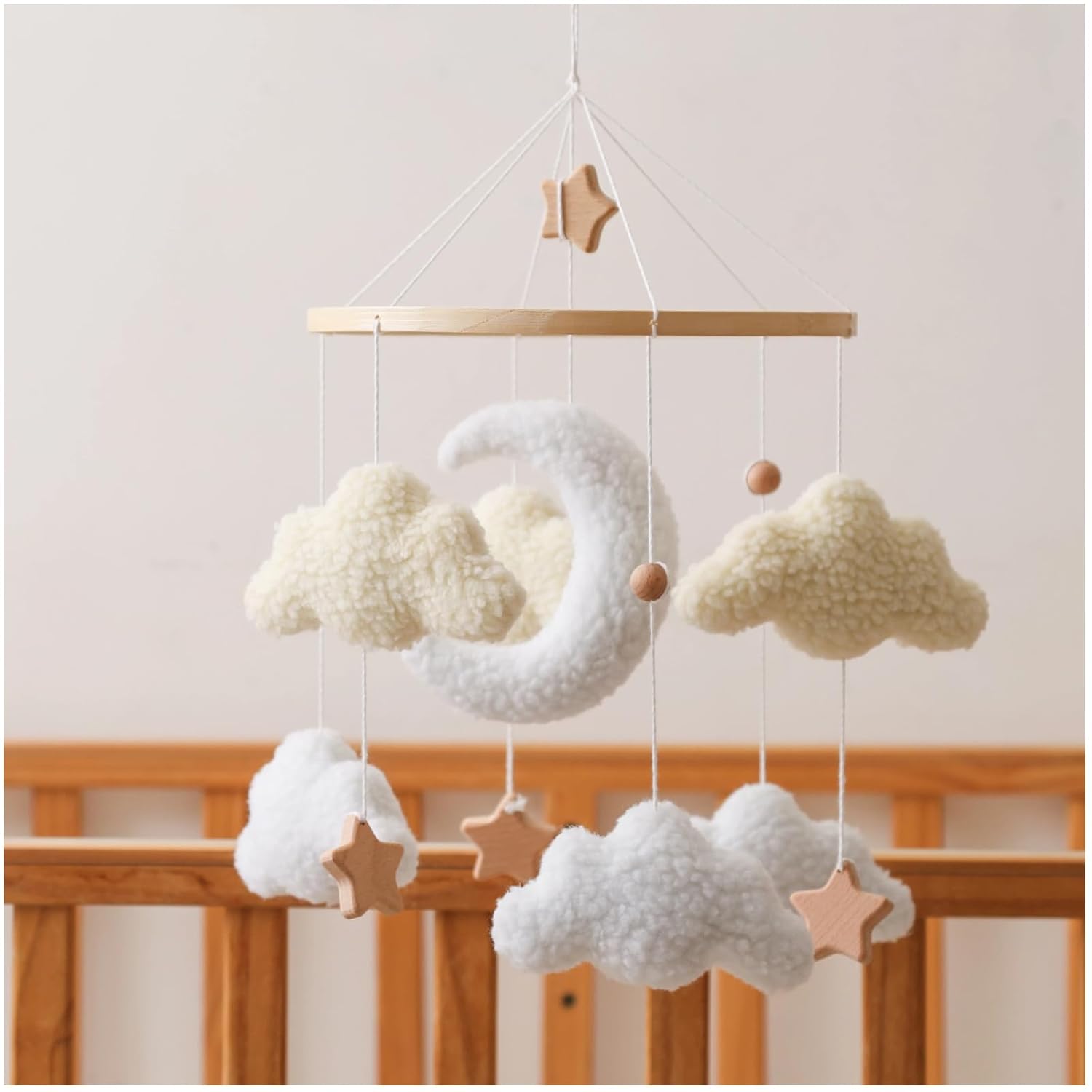 Simple Teddy Fleece Crib Mobile with Cloud and Star, Soft Beige Neutral Wood Nursery Decor – Hanging Baby Mobile for Bassinet or Infant Bedroom, Newborn Baby Gift for Boys and Girls