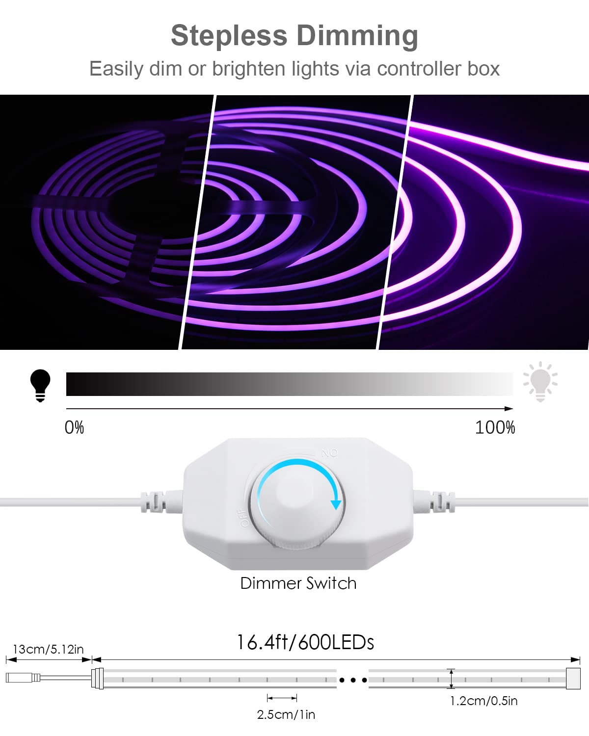 ALITOVE Neon Lights Strip Purple Silicone Flexible Dimmable LED Rope Light for DIY Neon Signs Bedroom Bar Wall Decor 16.4ft 5m 600 LEDs 12V DC Waterproof with Power Adapter Dimmer