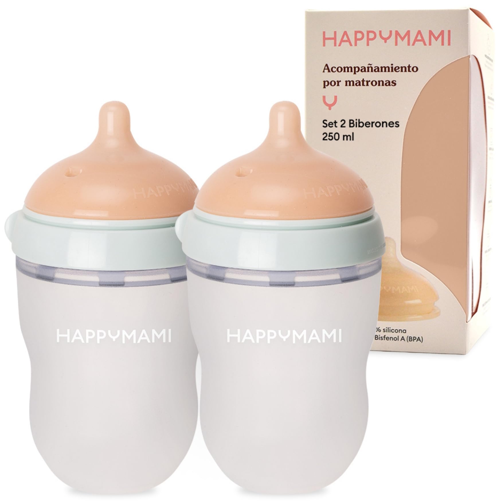 HappyMami, Set de 2 Biberones Personalizables, Tetina de Silicona Grado Alimentario, Doble Sistema Anticólicos, Apto para Lavavajillas, Calientabiberones, Para todo tipo de Lactancia