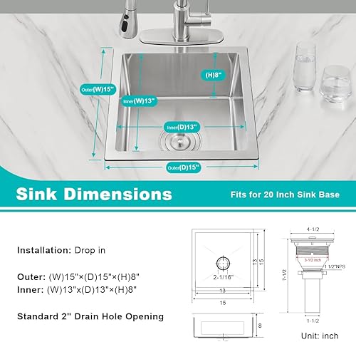 Miniatura 52 de Fregadero de cocina de montaje inferior de 20 x 16 pulgadas, acero inoxidable 304 de un solo tazón, fregadero de cocina pequeño, montaje inferior
