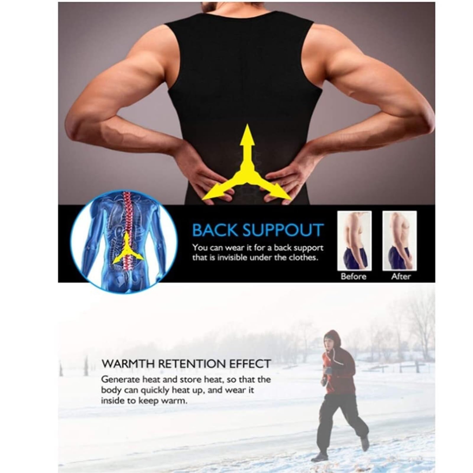LYGXWJFC Koszulka kompresyjna z podparciem pleców Bez rękawów wyszczuplająca kamizelka neoprenowa Gorąca koszula Body Shapers Pas podtrzymujący (czarny, 4XL)