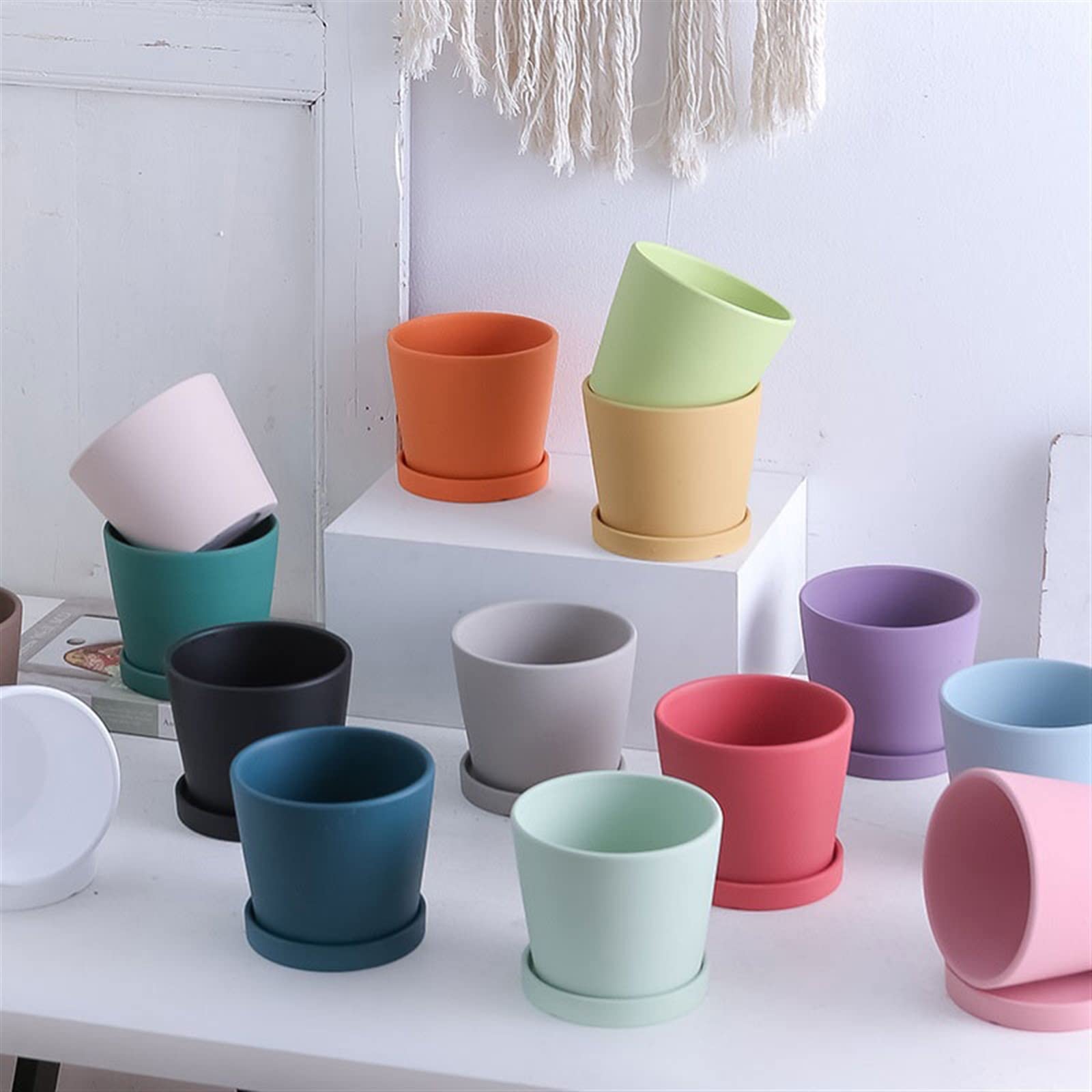HIHELO Donice Ceramiczna okrągła doniczka z otworami drenażowymi sukulenty kaktus orchidea doniczka doniczkowa prosta z tacą doniczka do przedszkola (kolor: szary)