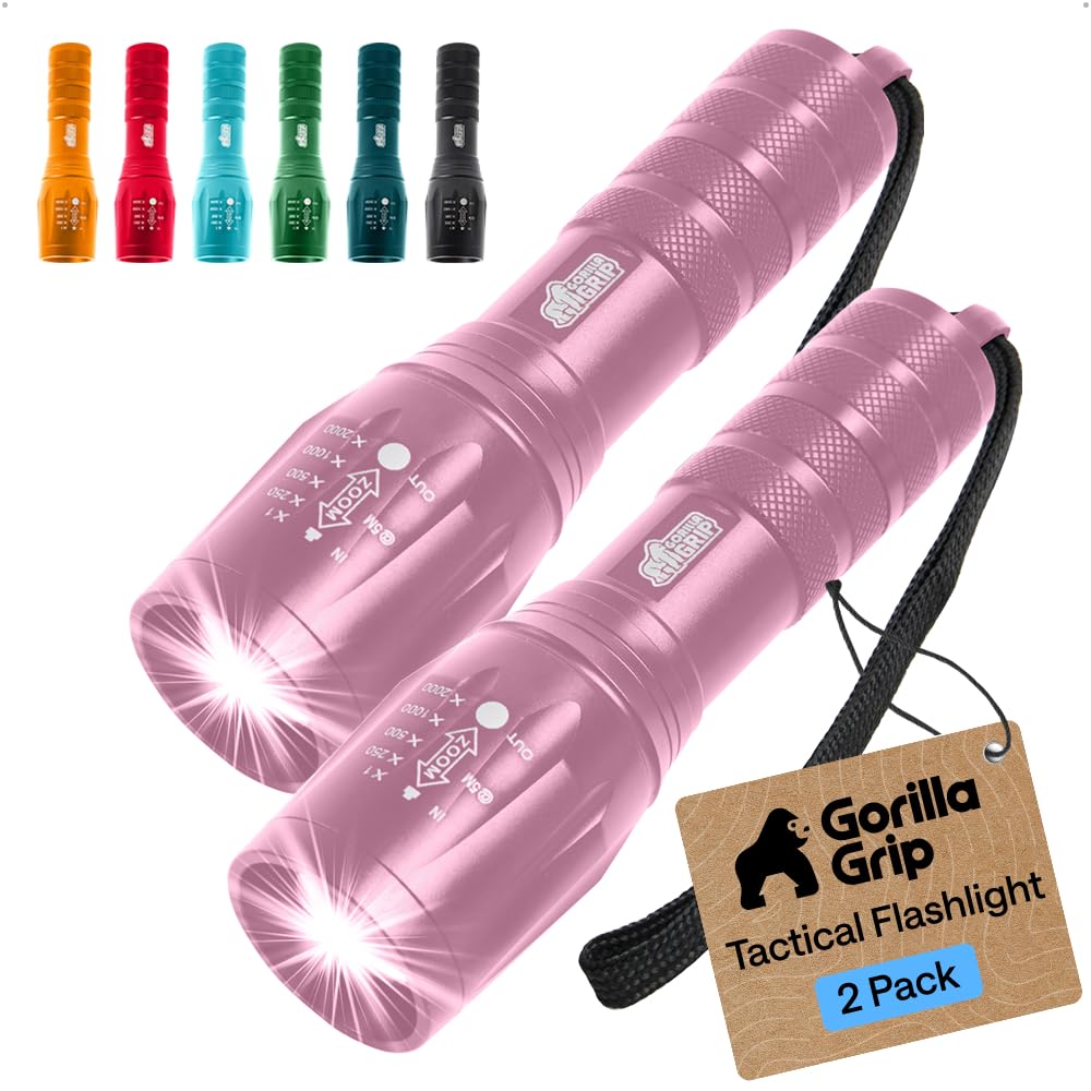 GORILLA GRIP Powerful LED Tactical Flashlight, 2 Pack, Pink