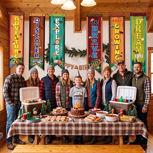 Image of Chiisong 6 Pieces Camper Party Decorations Adventure Discover Explore Porch Signs Camping Hanging Backdrops for Indoor Outdoor Home Bar Birthday Photo Props Door Wall Party Decor Supplies