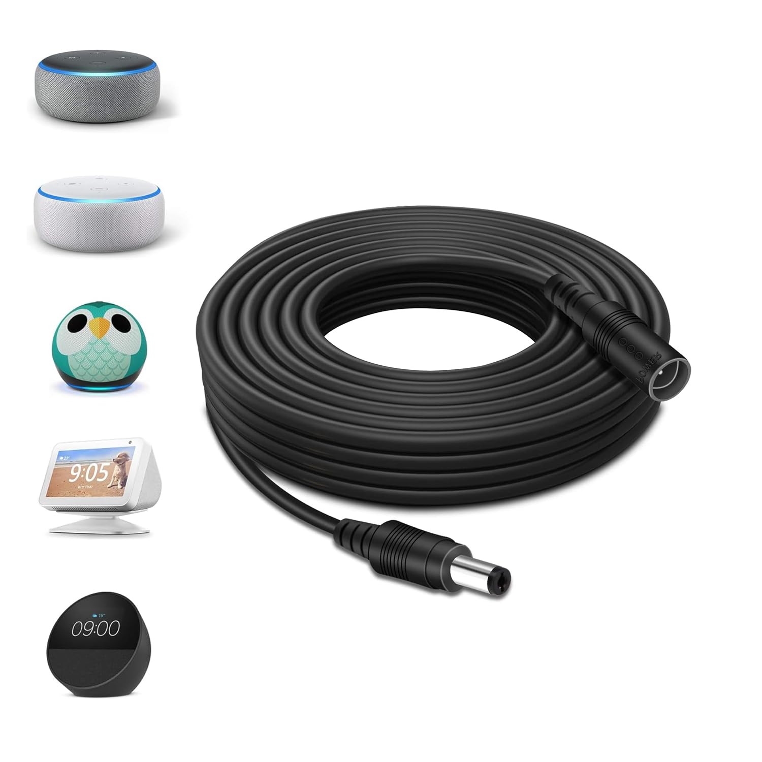 Tonton Cable de Extensión 15W 5m 12V 1,25A para Alexa Echo Dot (3.ª/4.ª Gen), Echo Dot con Reloj, Echo Show 5, Fire TV Cube (Negro, 18AWG)