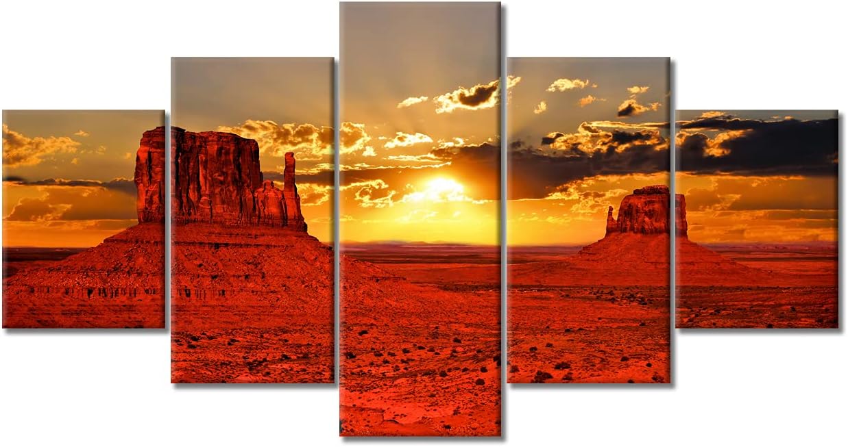 5 Piece Canvas Wall Art Monument Valley West and East Mittens and Merrick Home Decor Modern Monument Valley Tribal Park Wall Decor Sunrise Landscape Poster Framed Ready to Hang (60''Wx 32''H)