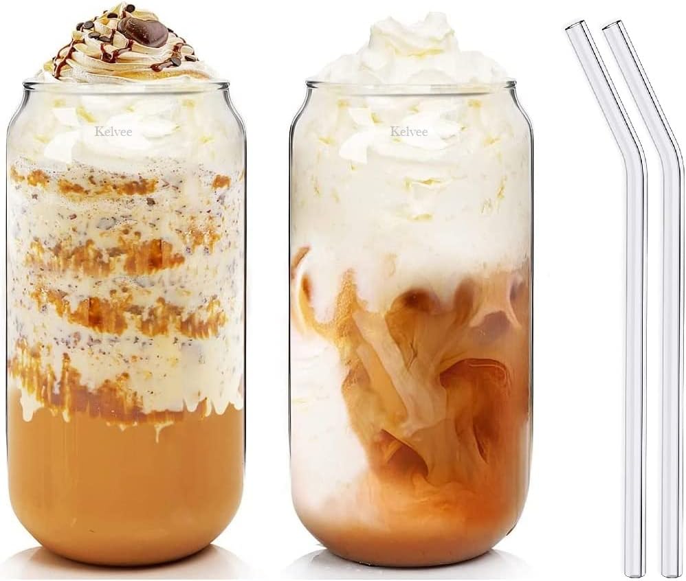 KELVEE Drinking Glasses with Glass Straw Set of 2, 500ml Beer Glasses Can Shaped Glass Cups, Tumbler for Cold Coffee, Smoothies, Juice, Soda, Any Drink and Any Occasion (2)