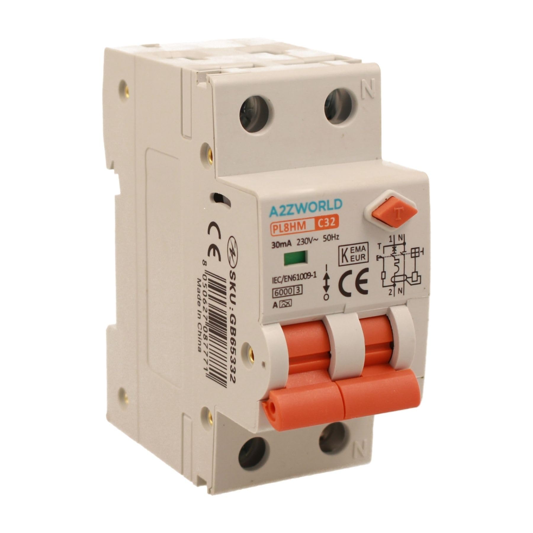 Interruttore Magnetotermico Differenziale Tipo A, 1P+N Curva C 6KA 30mA 220V, Occupa 2 Moduli DIN, RCBO Tipo A C32 32A