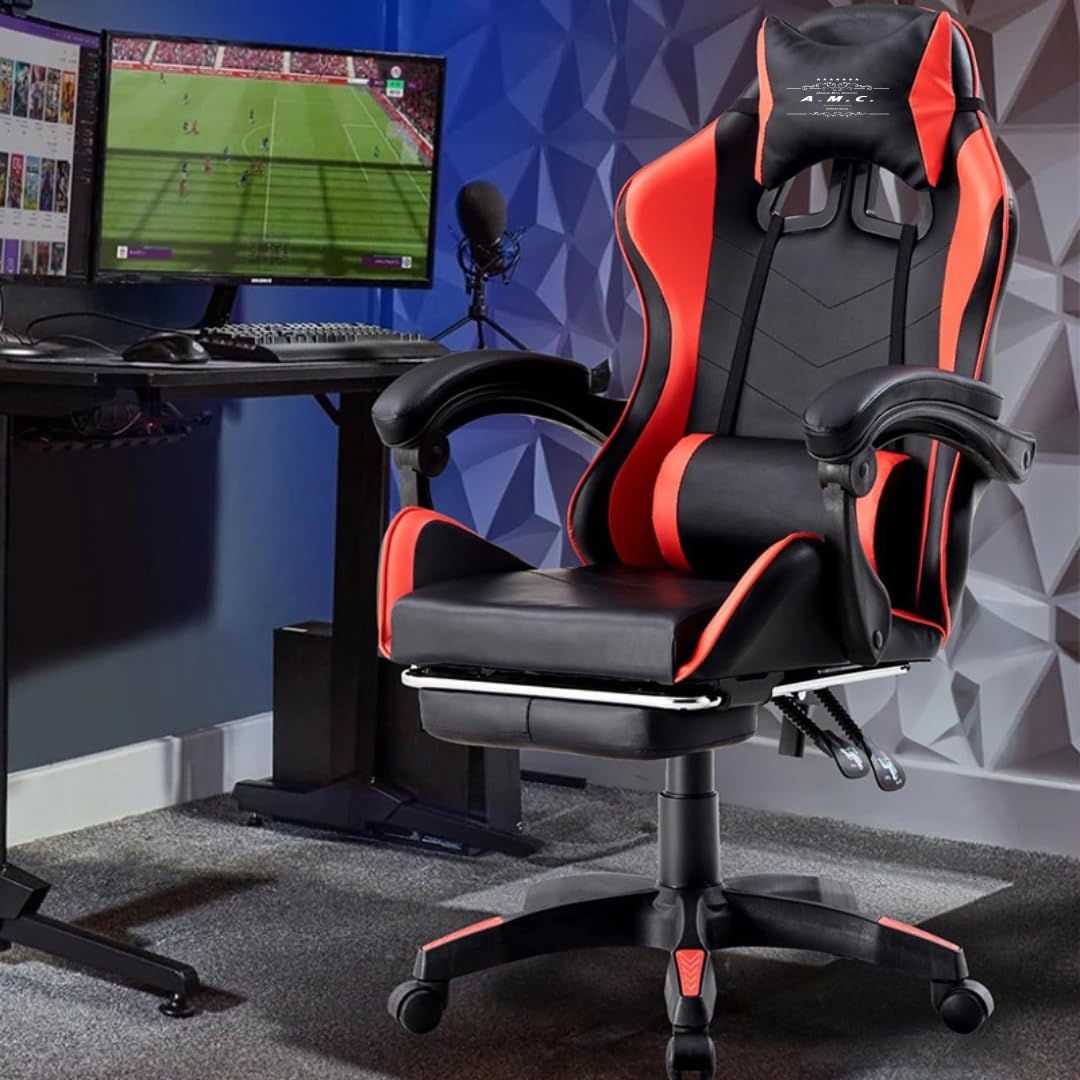 A.M.C. Sedia da Gaming Reclinabile, Poltrona Ufficio girevole, con rotelle, ergonomica, poggiatesta e cuscino lombare, Portata: 125kg (ROSSO)