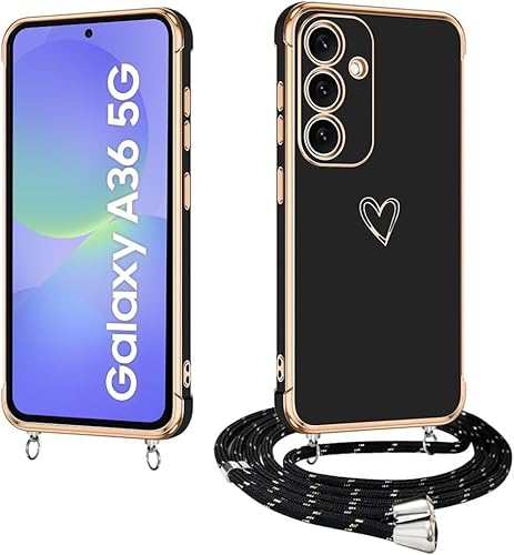 E-Lush Cover per Samsung Galaxy A36 con Cordino, Sottile Cuore Amore Elettrolitico Cover per Samsung A36, Morbido TPU Silicone Custodia con Regolabile Collana Antiurto Protettiva, Nero