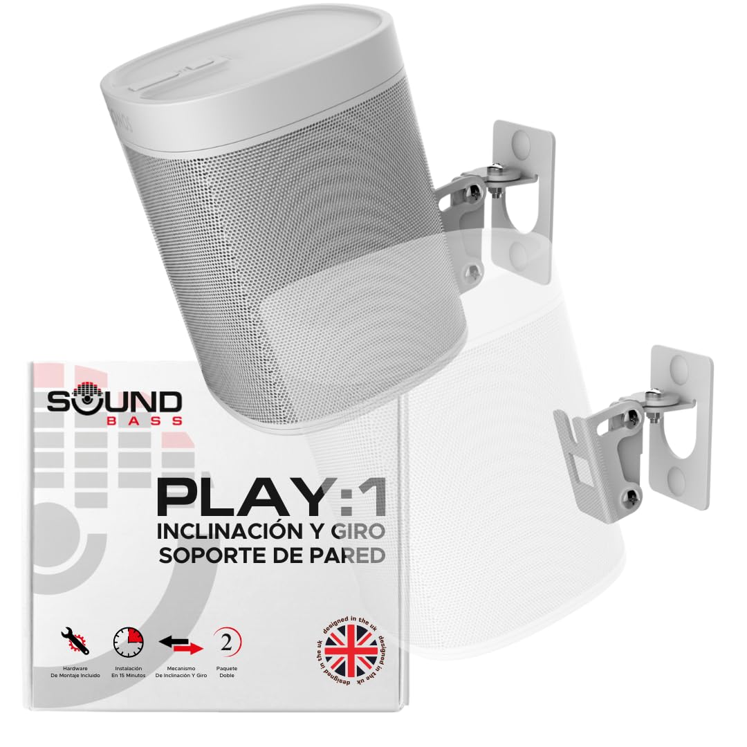 2 x Sonos Play:1 Montaje de Pared (No Compatible con Sonos One), Ajustable con Mecanismo de Giro e Inclinación, Soporte Individual para Altavoz Play 1 con Accesorios de Montaje, Blanco, Paquete