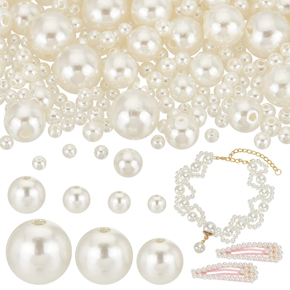 PH PandaHall 1636pcs Creamy White Pearl Beads, 4/5/6/8/10/12/14mm Round Craft Pearls Acrylic Pearl Beads Loose Spacer Beads for Jewellery Making Beading Earrings Bracelets Necklaces Making DIY Crafts