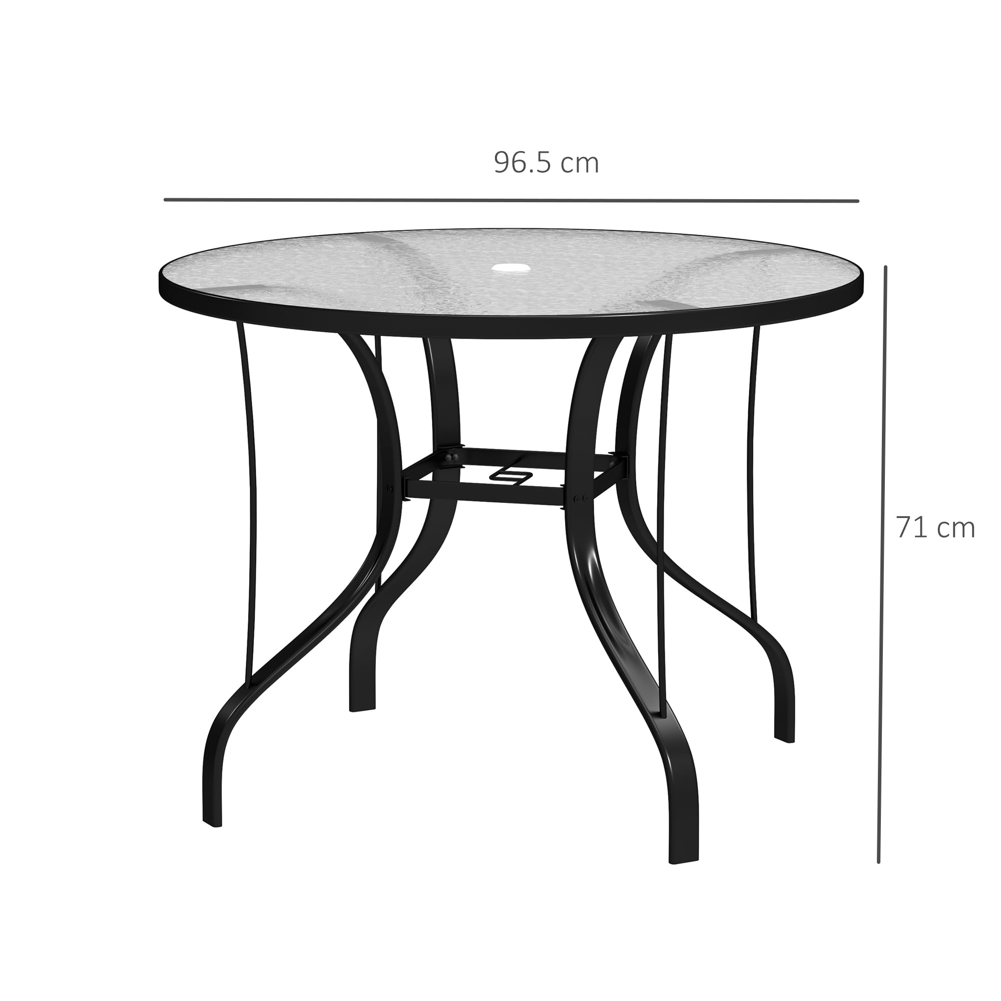 Outsunny Table de Jardin Ronde Ø96.5x71 cm Verre Trempé Métal Noir avec Trou pour Parapluie