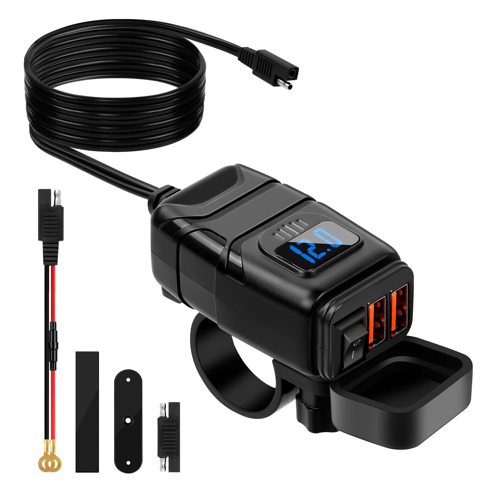 GOURIXIN Presa USB Per Auto E Moto 12V/24V, Caricatore Doppio USB Con Voltmetro, Interruttore E Accendisigari, Impermeabile, Nero