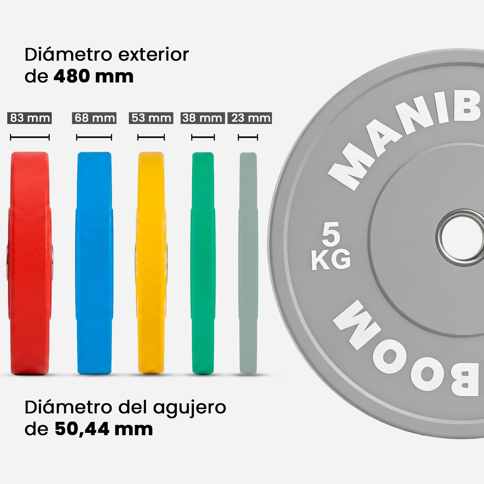 Discos Pesas Olimpicos Bumper 5kg, 10kg, 20kg, 25kg – Placas de Caucho Alta Densidad (85 Shore A) para Barra Olímpica 50mm – Equipo de Gimnasio en Casa, Cross Training y Halterofilia