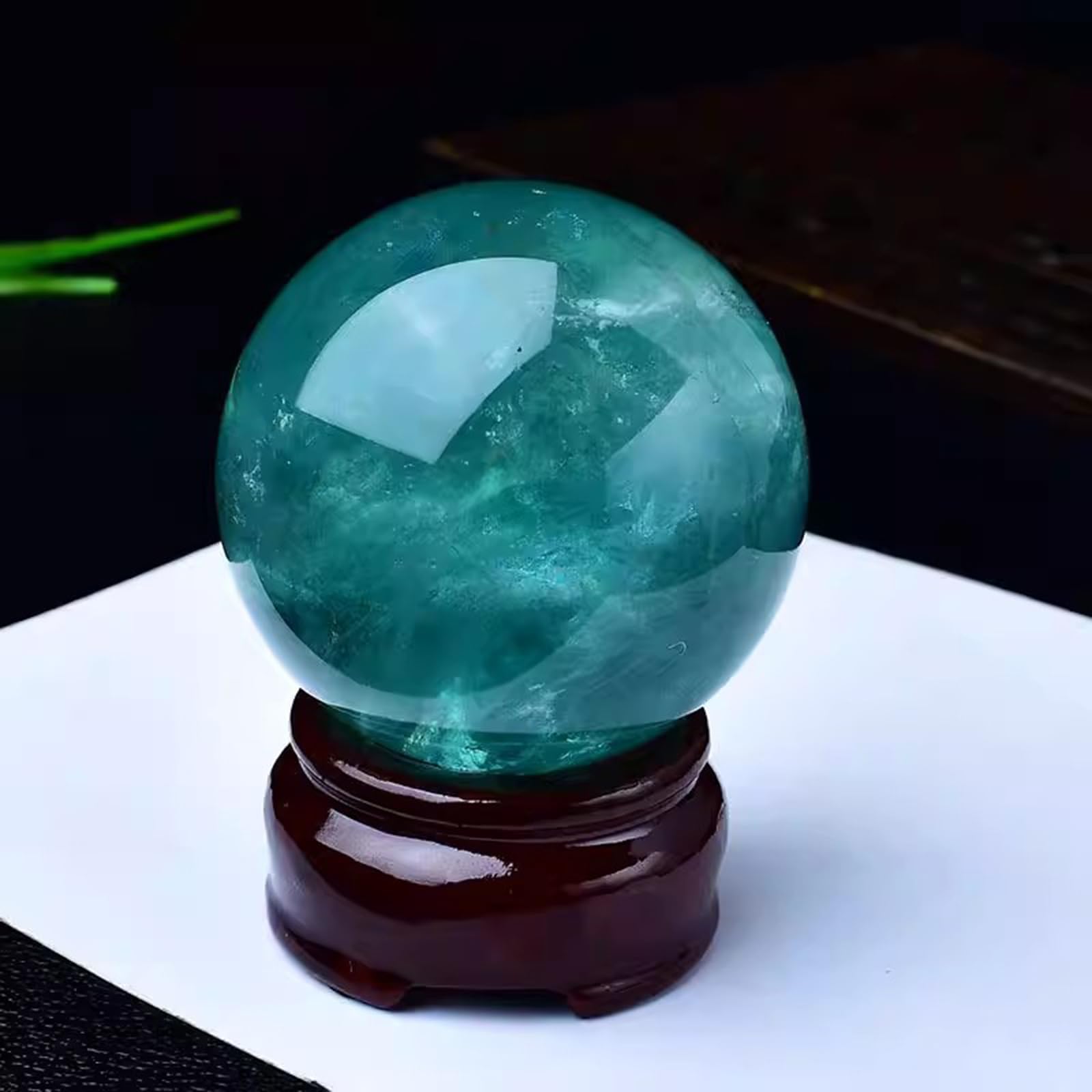 Polerowana zielona kryształowa kula fluorytowa - dekoracyjne kule - rzeźba kuli kryształowej do medytacji Feng Shui - drewniany stojak - prezent,4.7"(12cm)