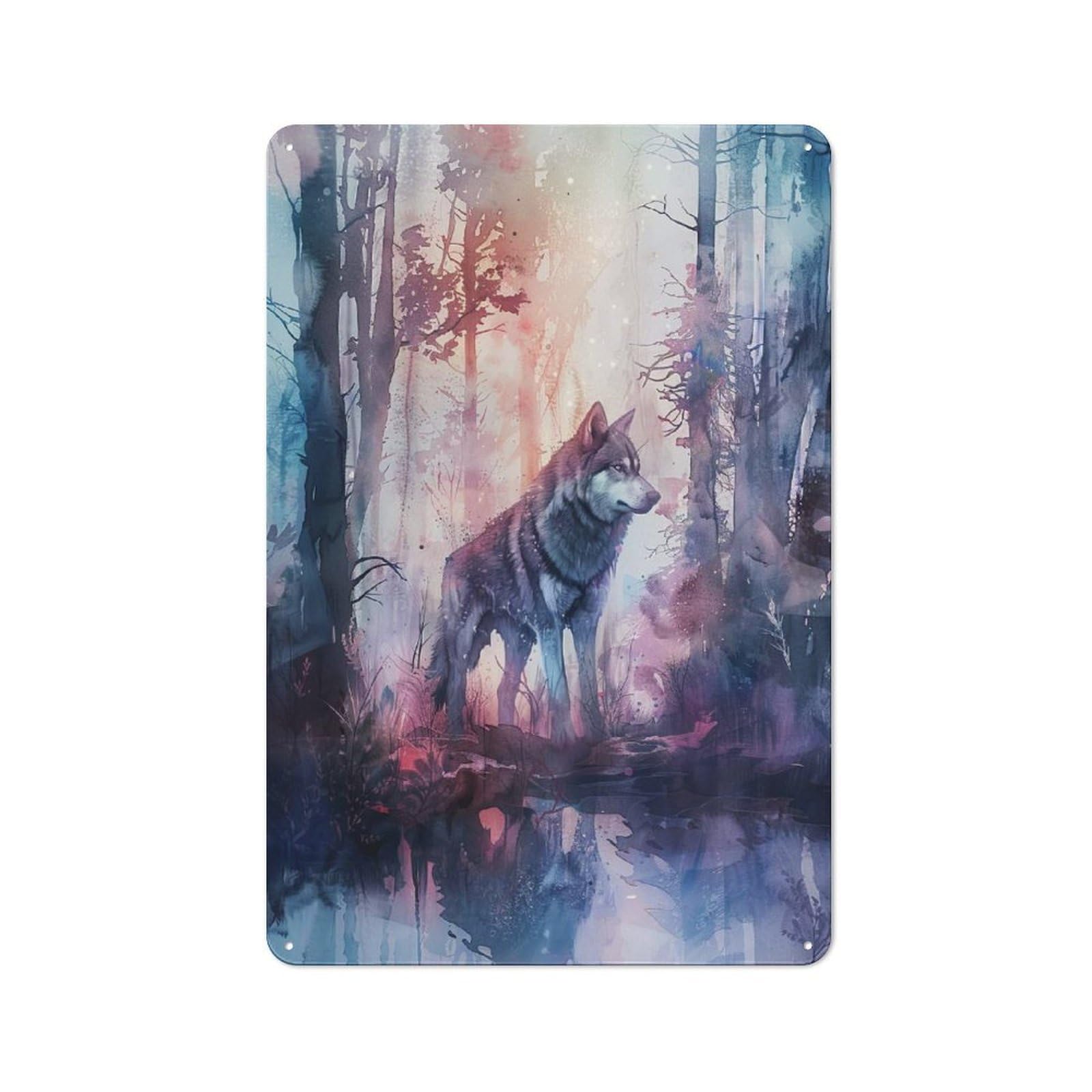 Junmoney Style-16 Wolf In Misty Forest Retro Metal Wall Decor 30X20cm, Retro Metal Sign For Garage, Hobby Room, Office Or Man Cave