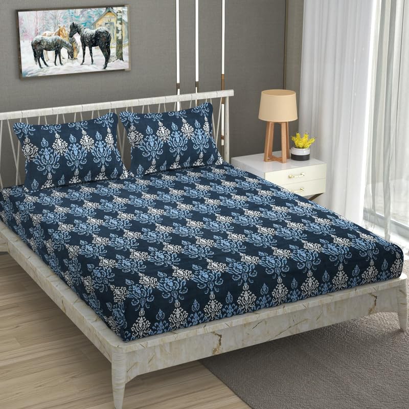 NEW LEAF Pure Cotton Flat Double Bedsheets with 2 Pillow Covers | Double Bed Breathable | Wrinklefree | Ultrasoft |Summer Bedsheet 200 to 220 tc Floral | 90×90 Inches,White & Blue