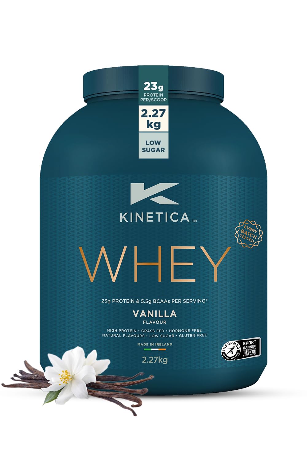 Kinetica Sports Whey Protein Powder - Vanilla Flavour | 23g Protein/Serve, 76 Servings/2.27Kg Pack |Gluten Free Supplement | Optimum for Muscle Growth & Recovery | Mixes Well with Water, Milk & Shakes
