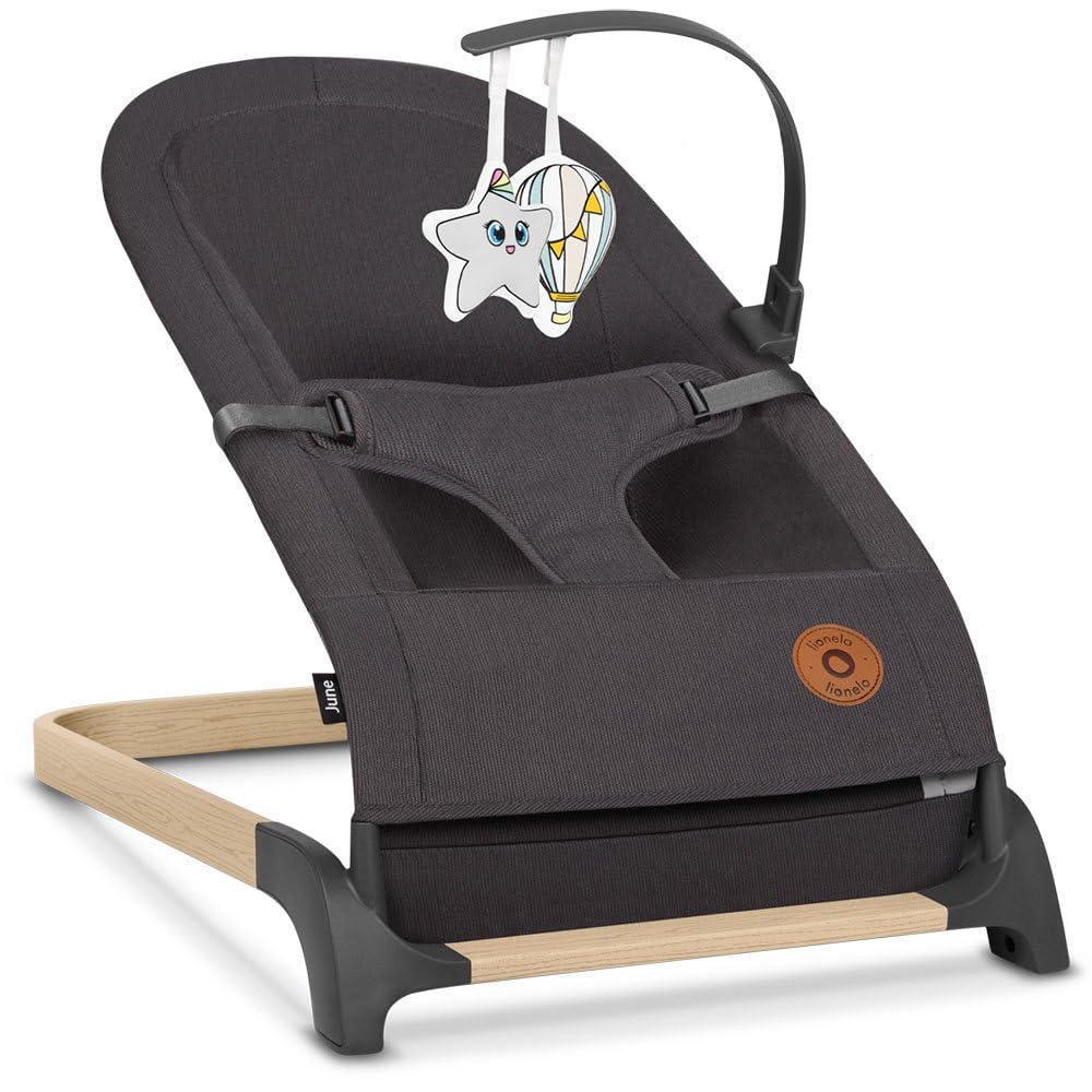 LIONELO June Air transat bébé dès les premiers jours de vie jusqu'à 9 kg, matière aérée, circulation d'air parfaite, léger, stable, antidérapant, bascule pour bébé pliable (Gris Graphite) (Stone)