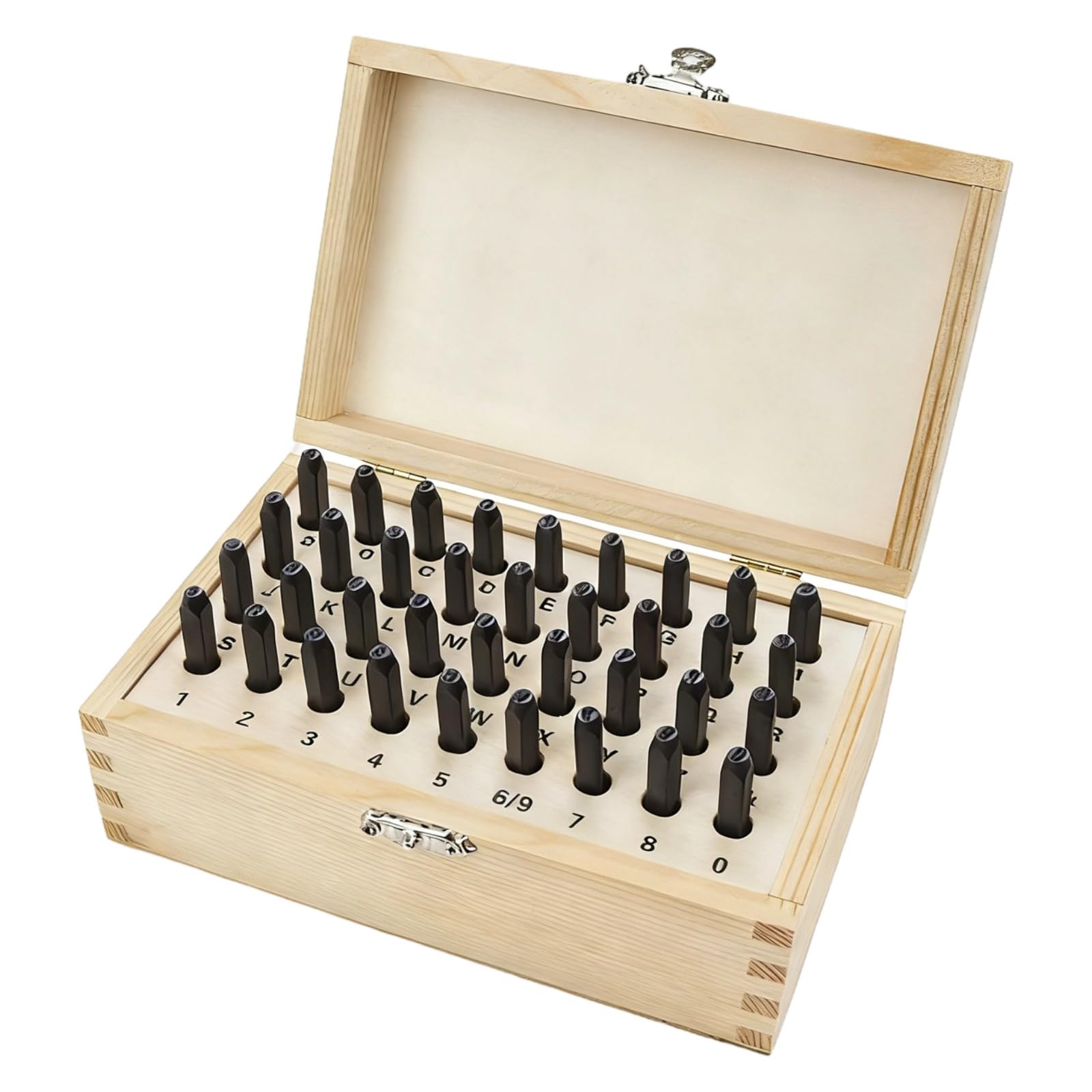 Buchstaben- und Zahlen-Schlagstempelset aus Stahl, Metallstempel aus legiertem Stahl mit sandgestrahlter Oberfläche, 4-mm-Präzisionsstempel, inklusive Holzkasten für Leder, Schmuck und Metall