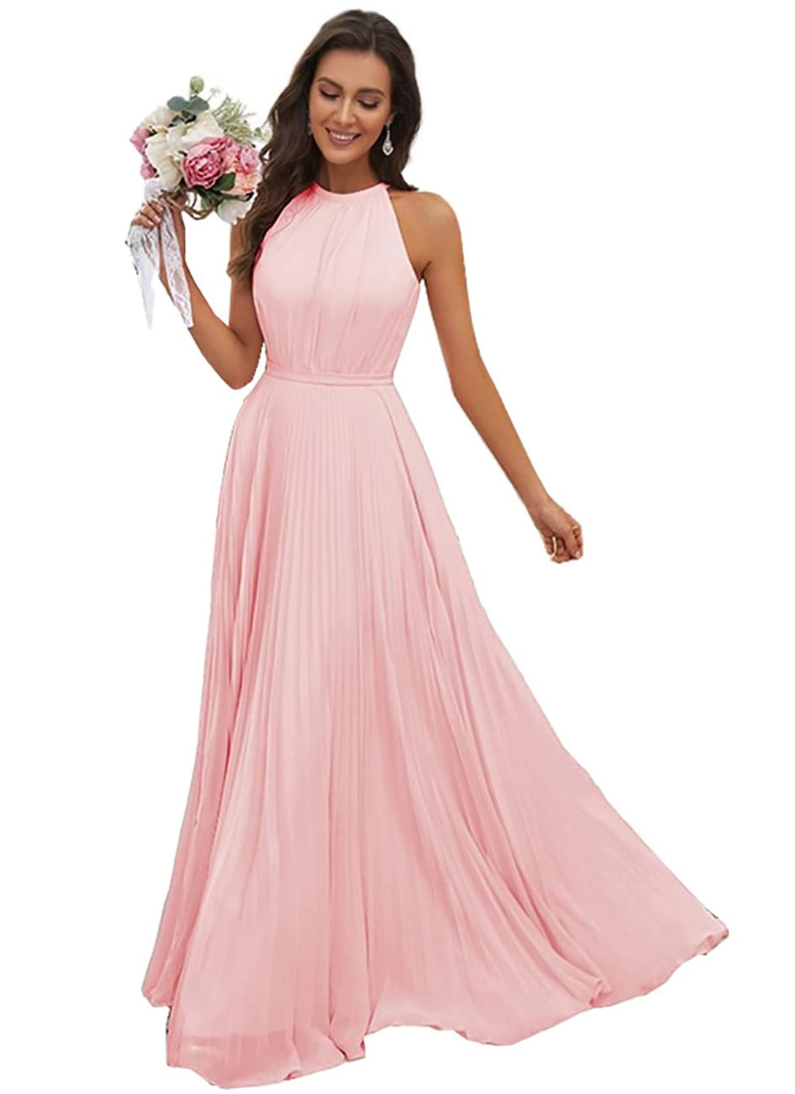 JAEDEN Abendkleid Damen Lang Elegant für Hochzeit Neckholder Brautjungfernkleider Chiffon Festliches Party Kleid Rosa 52