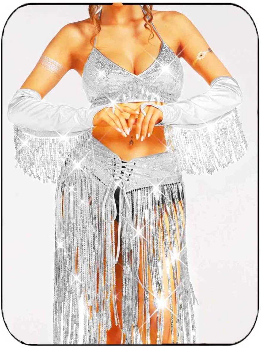 Sequin Fringe Outfits Gold Cowgirl Costume Skirt Set Belly Dance Rave Skirts and Top Gloves for Women