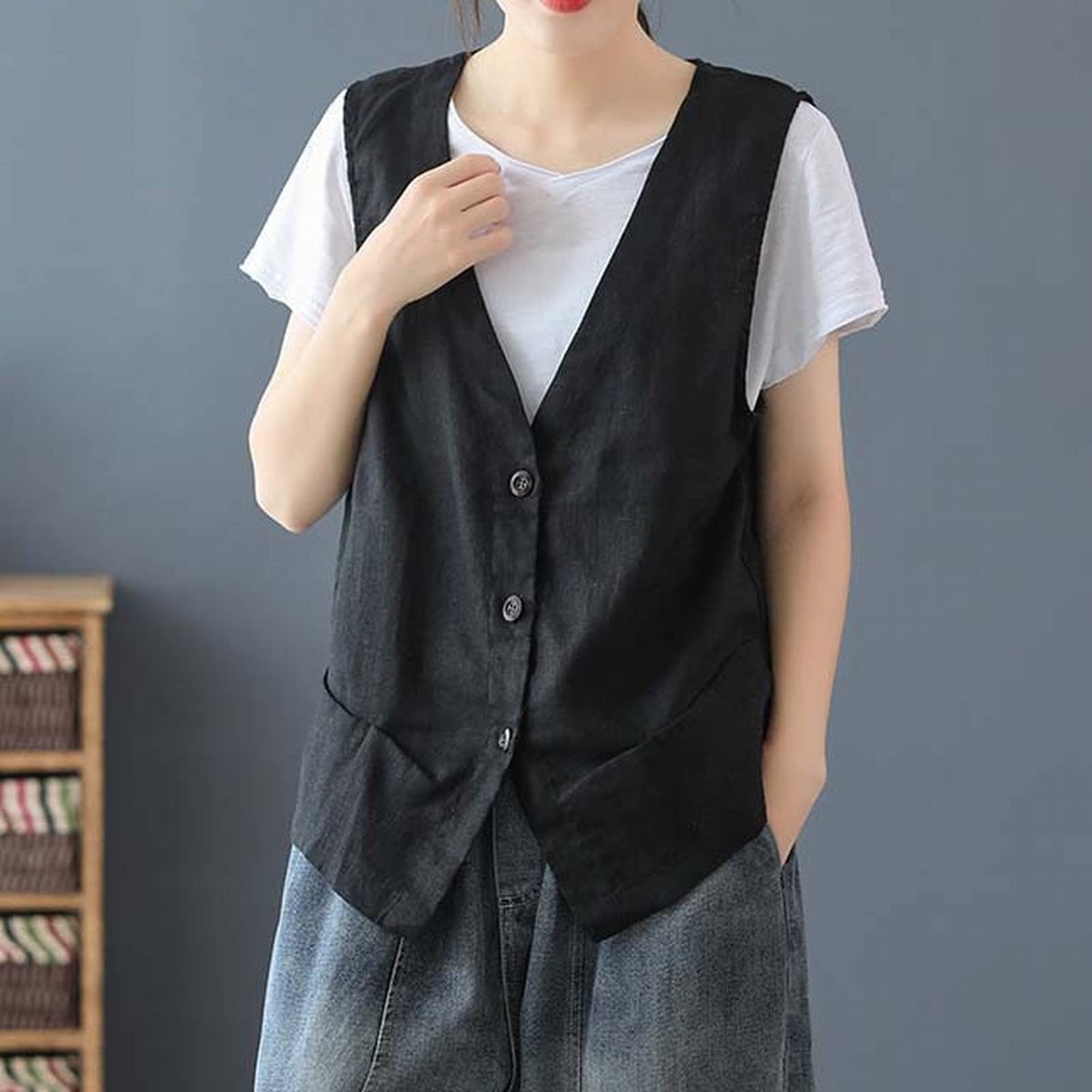 Chaleco de lino para mujer Tops Chaleco de algodón sin mangas Tops Casual Chaleco sin mangas Chaleco ligero de verano suelto Chaqueta