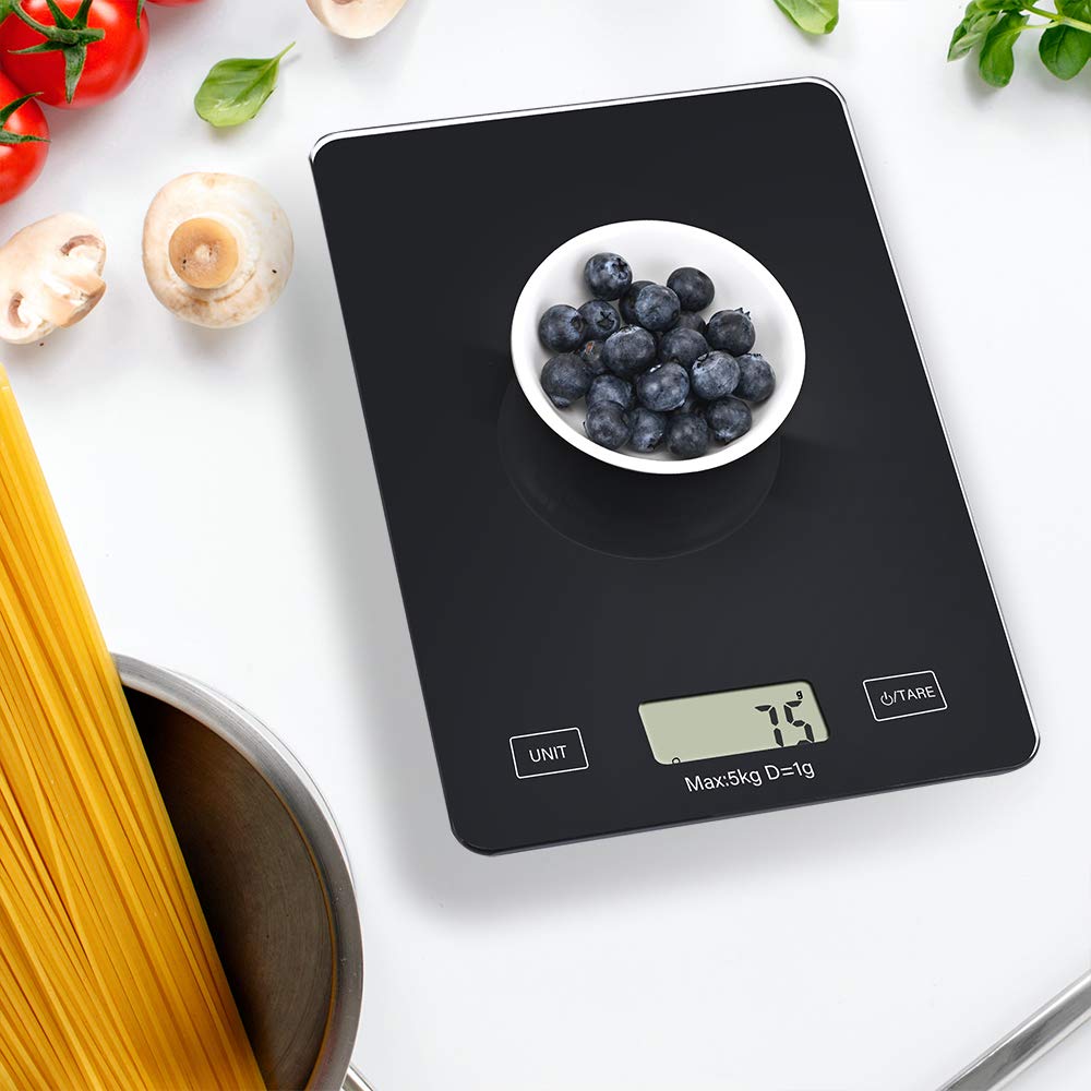 Bilancia Digitale Da Cucina In Vetro Temperato, Capacità 5 Kg, Display LCD Retroilluminato, Rossa, Con Funzione Tara E Batterie Incluse