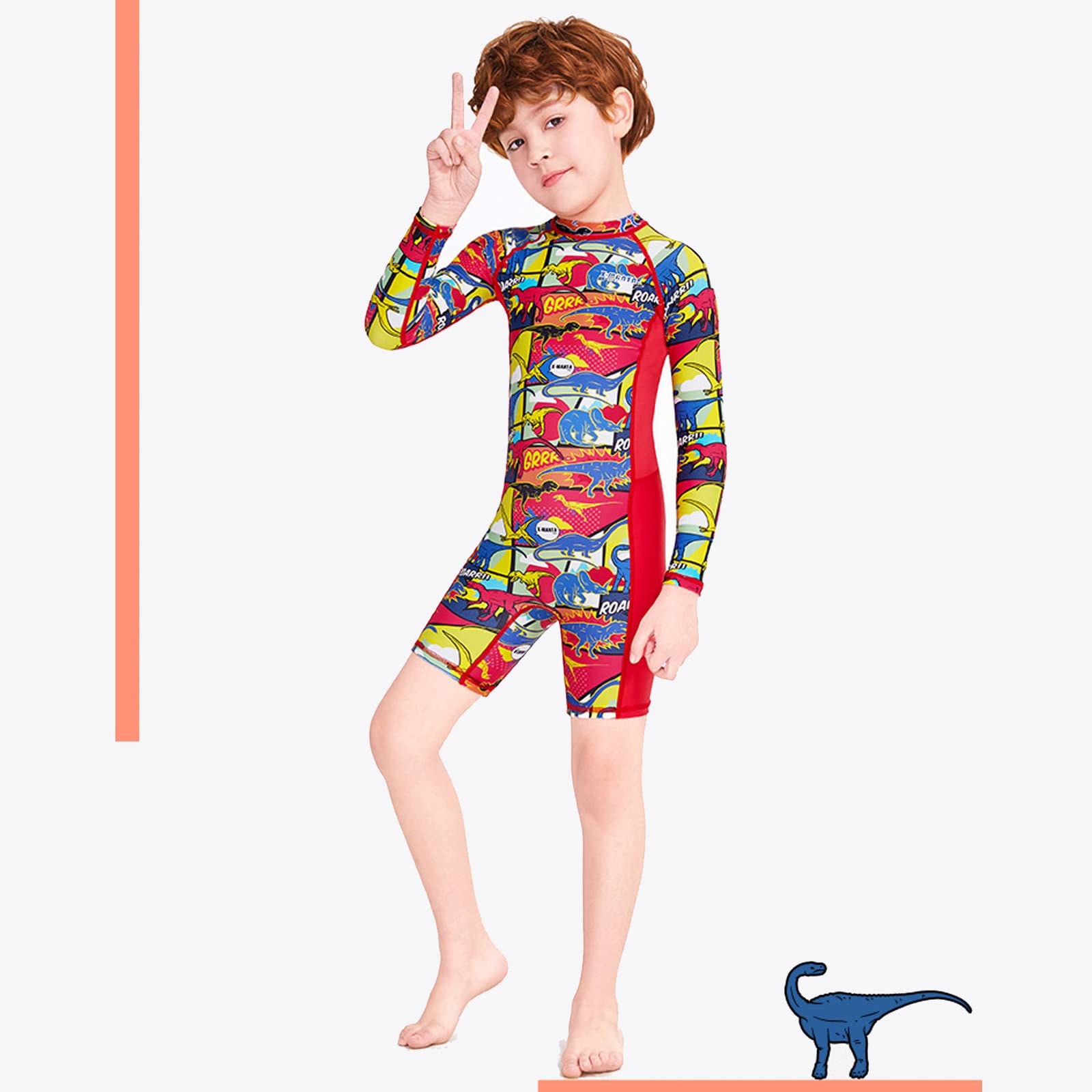 Traje de Neopreno Corto para niños, Trajes de Buceo con Cremallera Trasera de Manga Larga, Traje de baño con protección Solar para niños de 2 a 10 años (Rojo M)