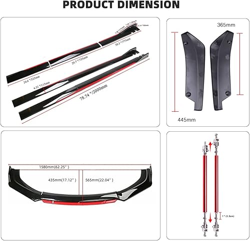 Miniatura 3 de Kit de carrocería con alerón difusor de parachoques delantero universal negro y rojo brillante + barra divisora de soporte ajustable roja + falda