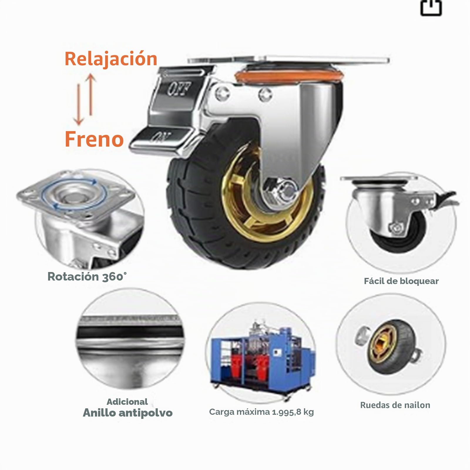 5" Ruedas con doble cerradura de seguridad, un juego de 4, pesadas, carga máxima de 2000lbs, adecuadas para carritos, muebles, mesas de trabajo (Negro, 13cm/5", 2 Ruedas fijas + 2 Ruedas con freno)