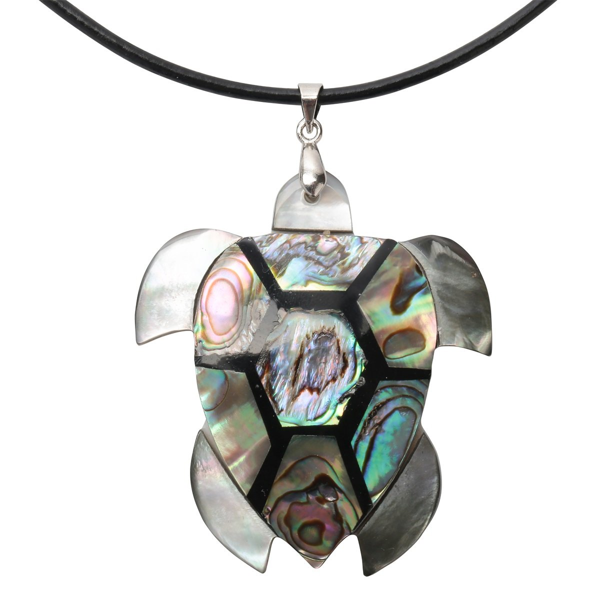 YACQ Abalone Shell Pendant Necklace for Women Black Leather Cord 18" + 2"