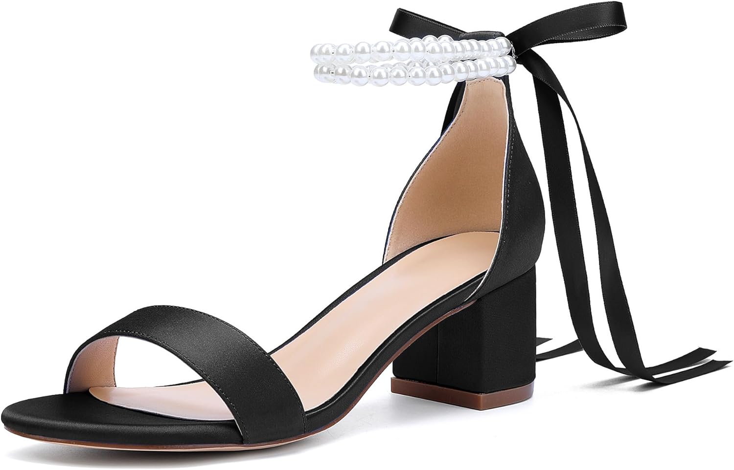 Women's Low Block Chunky Heels Sandals Open Toe Pearls Wedding Heels for Bride Heeled Party Dress Pump Shoes