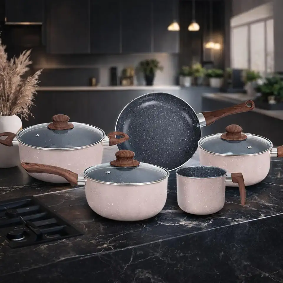 Conjunto Jogo de Panelas Antiaderente 5 Peças Com Tampa Revestimento Interno Antiaderente Bege e Cinza Inclui Frigideira Caçarola Panelas Leiteira Linha Gourmet