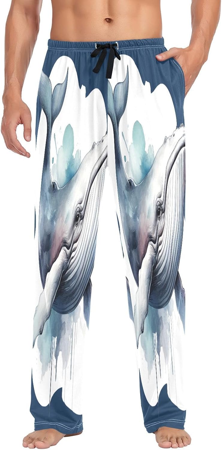 ALAZA Whale Portrait Watercolor Men's Pajama Pants Men Cotton Pajama Bottoms with Pockets, S