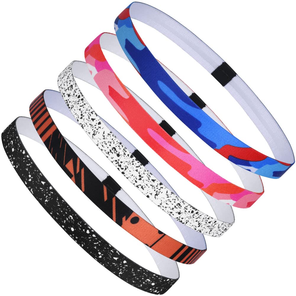 URAQT Sport Fascia Capelli Antiscivolo, 5 Pezzi Sportiva Fasce per Capelli Sottile, Sport Fasce Sottile per Donna Uomo, Fascia Elastica Capelli Sottile per Sport,Yoga, Fare Jogging, Calcio (5pezzi#D)