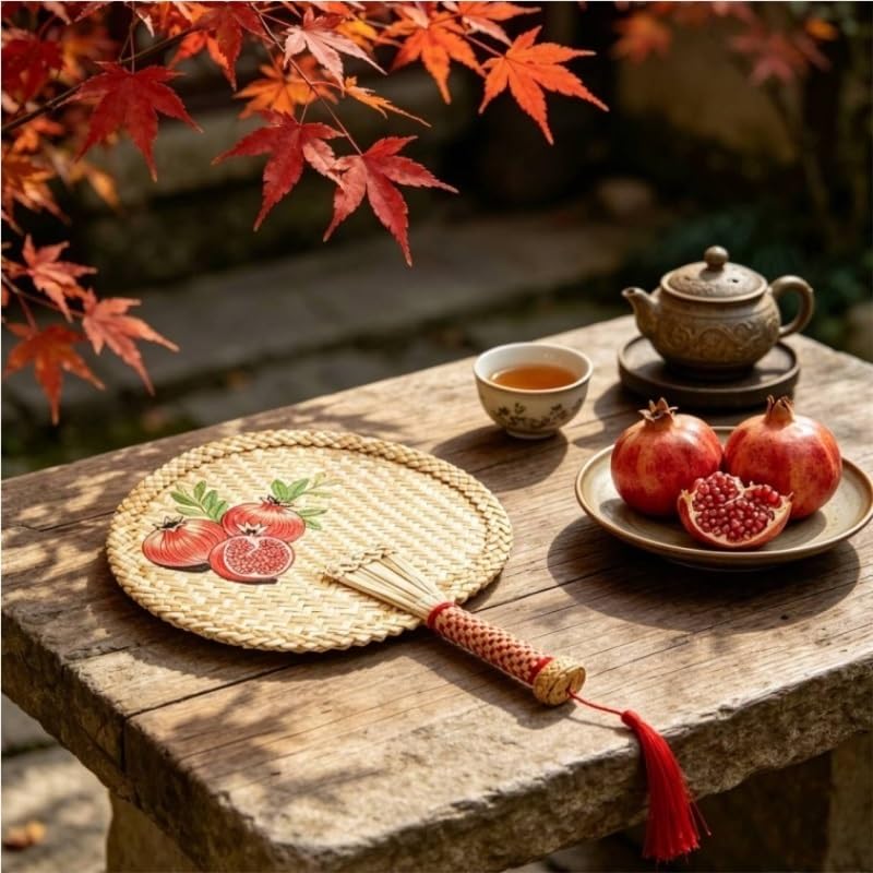 Handwoven Straw Hand Fan with Pomegranate Embroidery Chinese Handheld Tassel for Cooling Home Decor