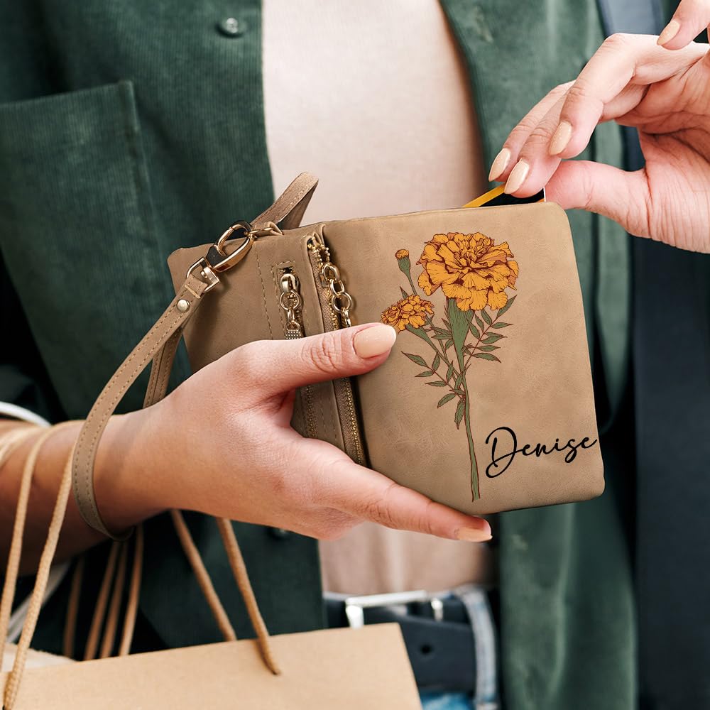 Monedero de cuero personalizado para mujer, con nombre personalizado, flor natal en acuarela, triple compartimento, correa para la muñeca, bolsillo largo para el móvil, ideal para mamá,esposa o abuela