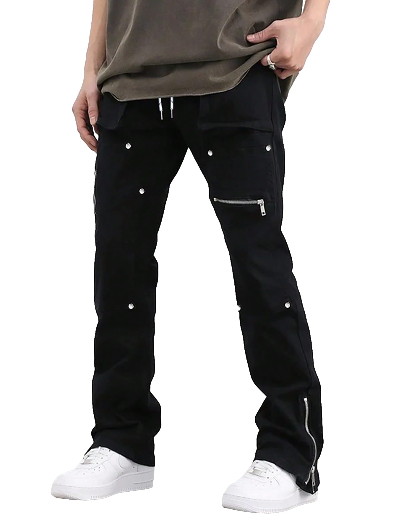 GORGLITTER Mens Casual Grunge Baggy Sweatpants Hiking Stacked Flared Cargo Work Pants Rivets Trousers