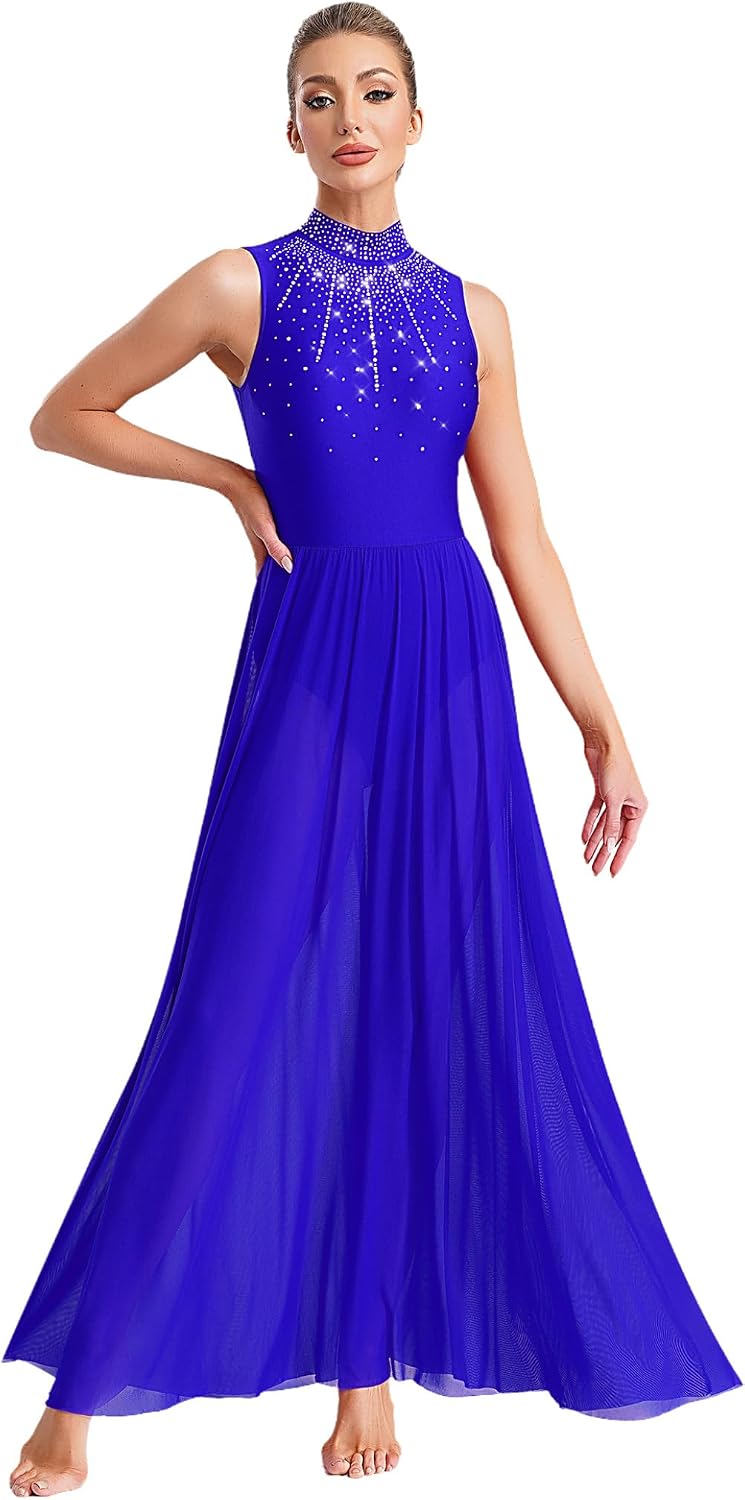 Women Elegant Lyrical Dance Costume Shiny Full Length Tulle Flowy Dress Modern Contemporary Dancewear