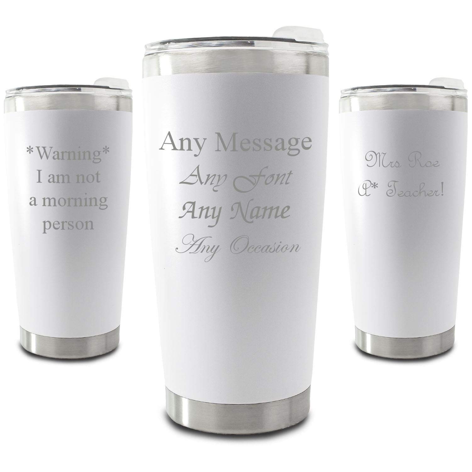 Personalisierter, gravierter, weißer 500-ml-Reisebecher, personalisierbar mit jeder Nachricht, Auswahl aus verschiedenen Schriftarten, inklusive Geschenkbox, Lasergravur